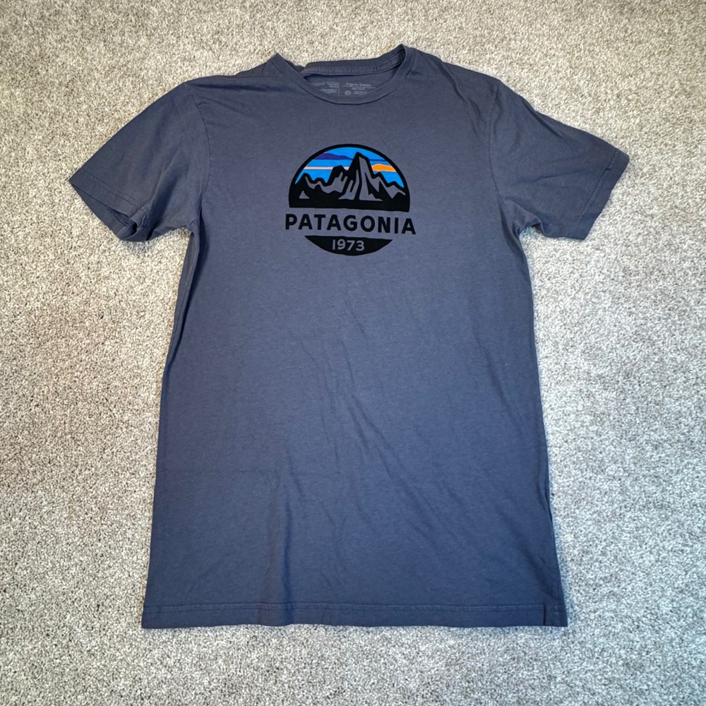 Patagonia Mens Slim Fit Organic Cotton Graphic T-Shirt Grey Small 1973 Mountain